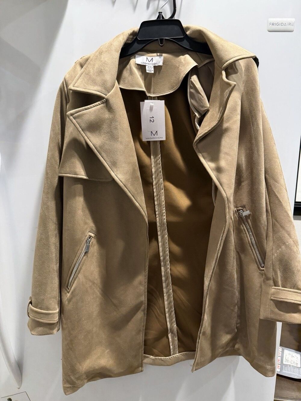 Magaschoni Open Front Faux Suede Leather Coat Jacket Stone Beige Size 12